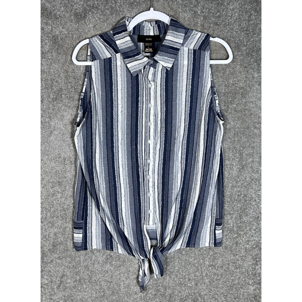 RAIN Raw Seam Tie Hem Sleeveless Top Womens Size Large Blue Striped Button Up
